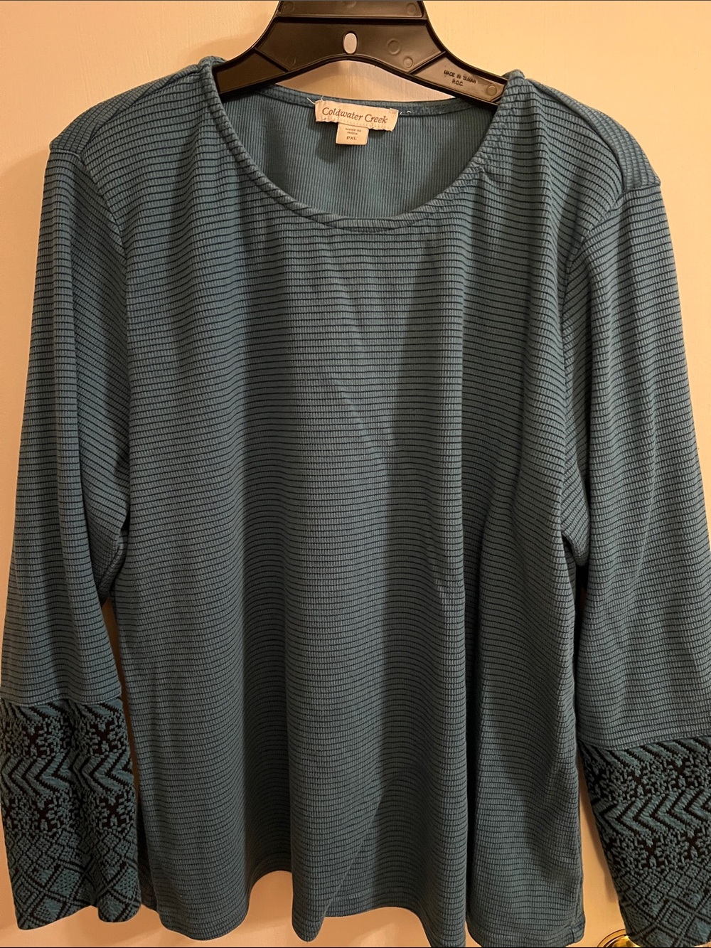 Coldwater Creek Teal Blue Long-Sleeve Knit Top with Patterned Cuffs